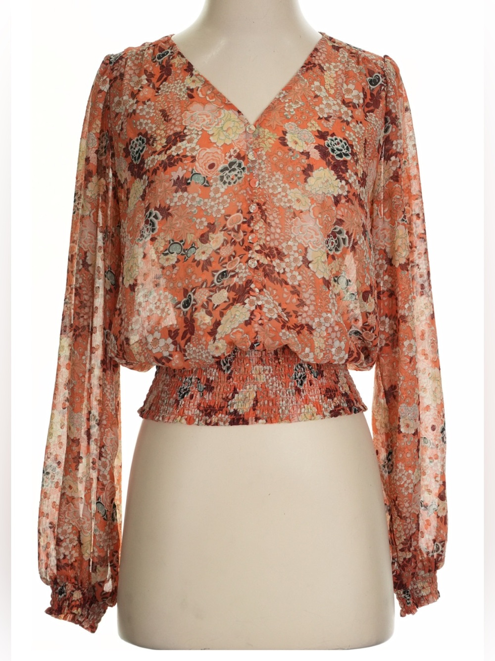 Maison d Amelie Orange Floral Semi Sheer Long Sleeve Elastic Waist Boho Blouse S
